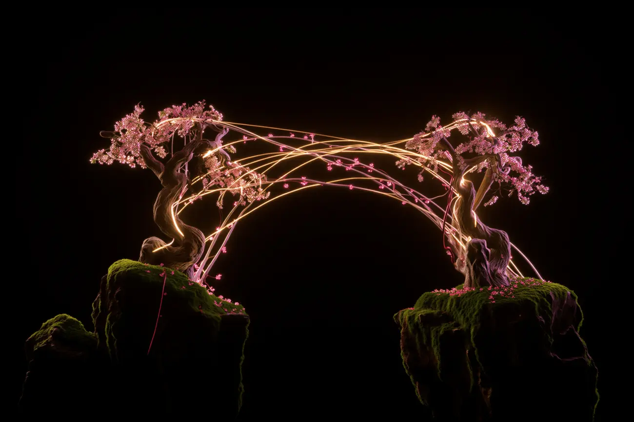 Two trees connected by glowing arcs